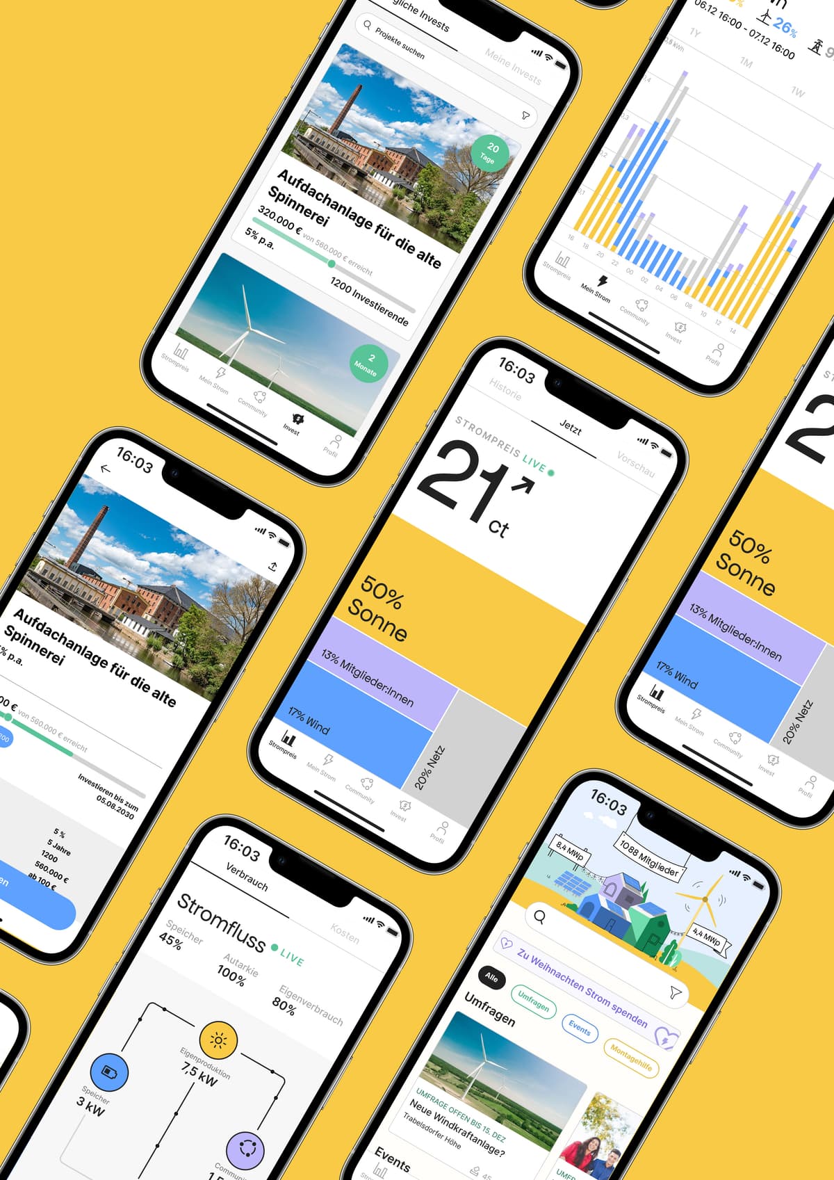 Connect app screens showing various features